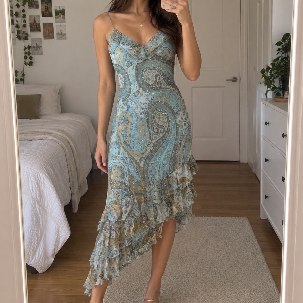 Vintage Silk Paisley Beaded Fairy Boho Asymmetrical Ruffle Maxi Dress 8 y2k